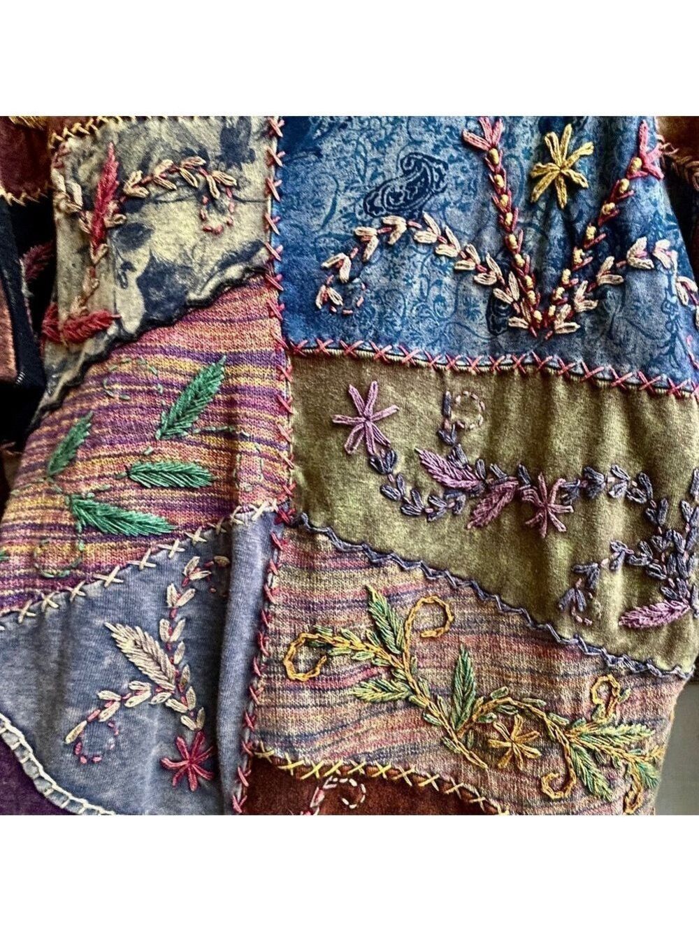 Vintage Windhorse Boho Patchwork Embroidered Long Sleeve Wearable Art Top - Picture 7 of 12